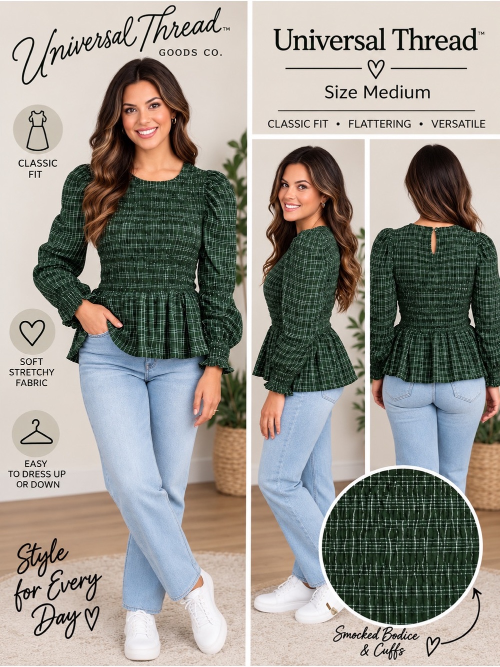 Universal Thread Green Plaid Smocked Peplum Blouse Size Medium